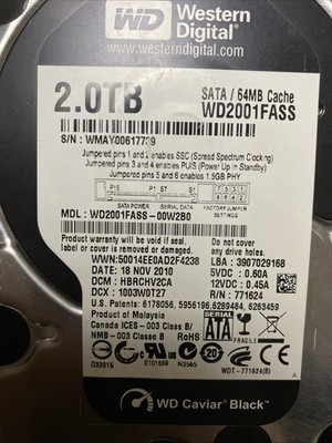 Western Digital WD2001FASS 2TB 3.5in SATA Hard Drive Untested