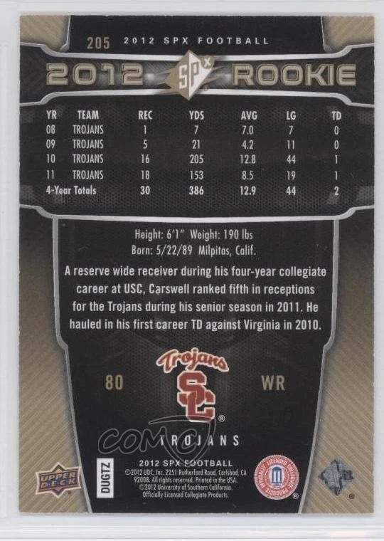 2012 SPx Rookies /750 Brandon Carswell #205 Rookie RC - Image 2 of 2