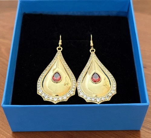 Bellezza Shiny Gold Tone Teardrop Earrings with Red & Clear Crystals - product listing photo