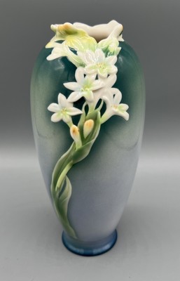 Franz Turberose 8'' Porcelain Blue Vase Floral Draped Rim BIN02 DS36