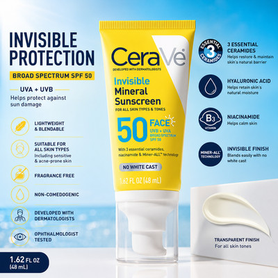 CeraVe Invisible Mineral Sunscreen SPF 50 Face 1.62oz Zinc Oxide UVA UVB
