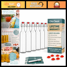 Set of 6 Classic Swing Top Glass Bottles 16oz - Clear with Caps Labels for Jui