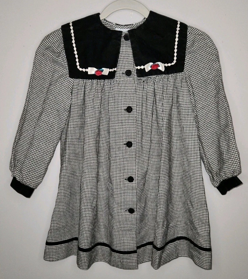 Vestido De Colección Jessica Ann Pata de Gallo Niñas Talla 6 Blanco y Negro Cuello Abotonado Foto 2 de 4