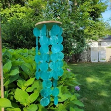 Wind Chimes Coastal Style Decor - Handcrafted Turquoise Capiz Shells Windchime