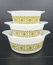 PYREX Verde Green Autumn Flowers Casserole 3 Pc Set 473 474 475 No Lids