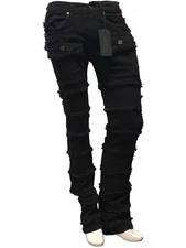 New! Evolution  Distressed Pocketed Stacked  Jeans w edge FW-588B JET BLK