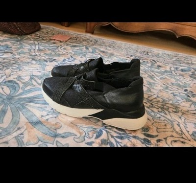 Black Slip On Women's Athletic Sneakers with Strap Accents and Thick White Sole