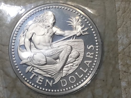 1974 BARBADOS Huge VINTAGE NEPTUNE Old Proof Silver 10 Dollars Coin Free Ship