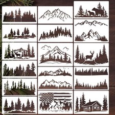 Pine Tree Mountain Animal Stencils Wood Burning Painting 12x8/12x6 Inch 16 PCS