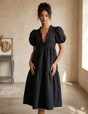 Kika Vargas x Target Black Ruffle V-Neck Puff Sleeve Tiered Midi Dress Medium 
