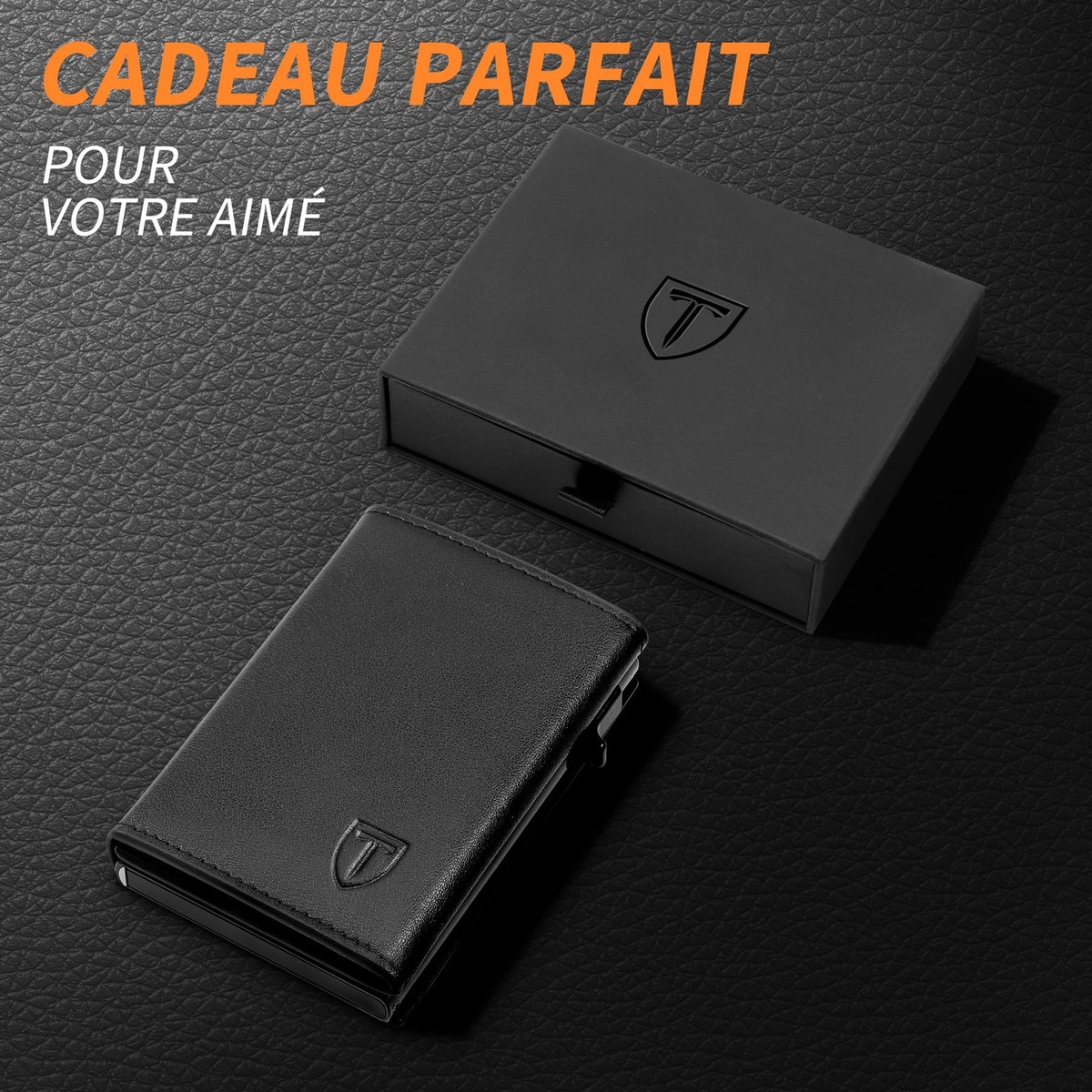 Portefeuille Homme Noir En Cuir - Porte-cartes RFID Protection - Compact Avec Bouton