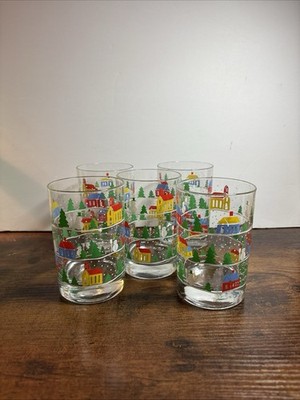 Libby Christmas Village Drinking Glasses / Clear Glass Tumblers Set Of 5