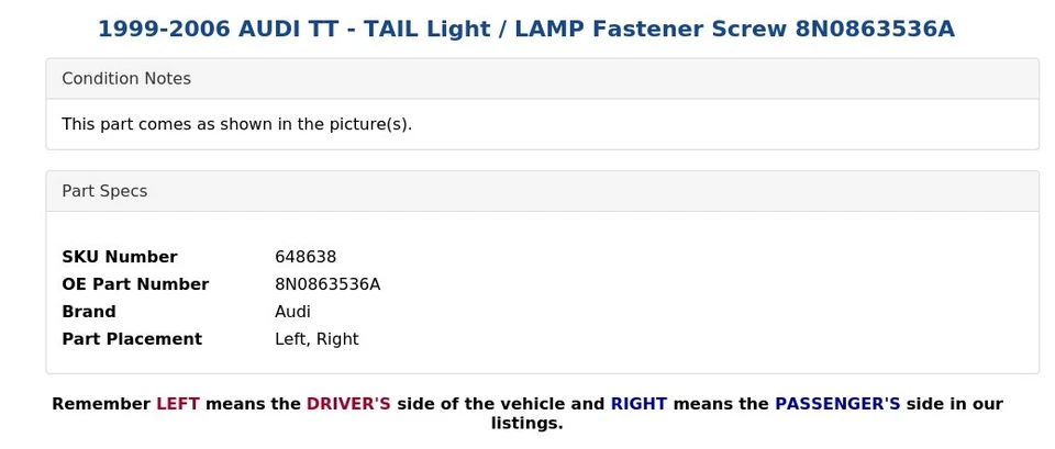 AUDI TT 1999-2006 - Tornillo de sujeción de luz trasera/lámpara trasera 8N0863536A Foto 4 de 4