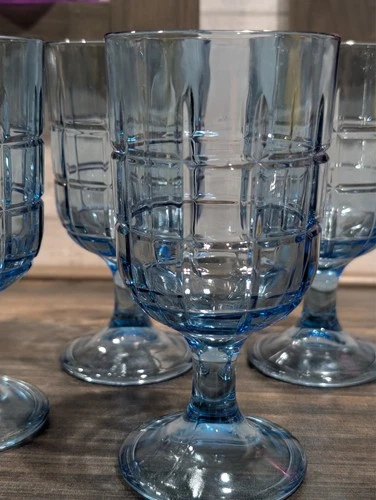 Set of 4 Vintage Anchor Hocking Tartan Denim Blue Goblets