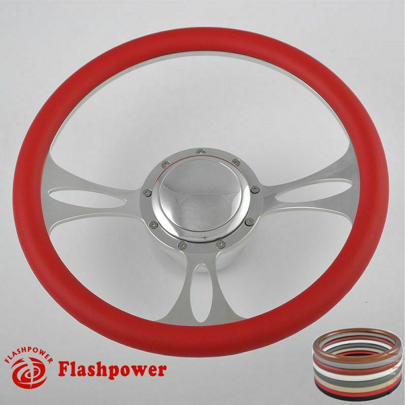FLASHPOWER 14" Billet Aluminum Steering Wheel Kit - 9-Hole Design With Horn Button & Hub Adapter, Tan Vinyl Grip