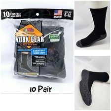 Fruit of the Loom Mens Work Gear Cushioned Black Crew Socks 10 Pairs Sz. 6-12