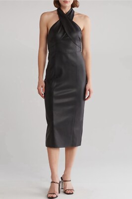 MILLY  Women's Black Raven Faux Leather Halter Neck Midi Dress Size 6 BNWT