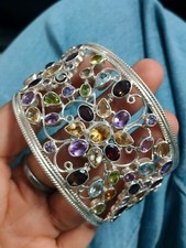 Natural Multi Gemstone 925 Sterling Silver Women Cuff Bangle Bracelet Jewelry 