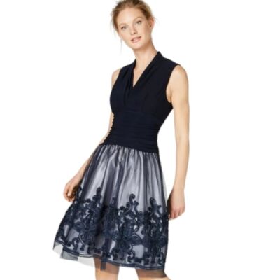 sl fashions illusion soutache-trim party dress SL FASHIONS Illusion Soutache-Trim Party Dress Navy/10+16 Women Designer  Dress