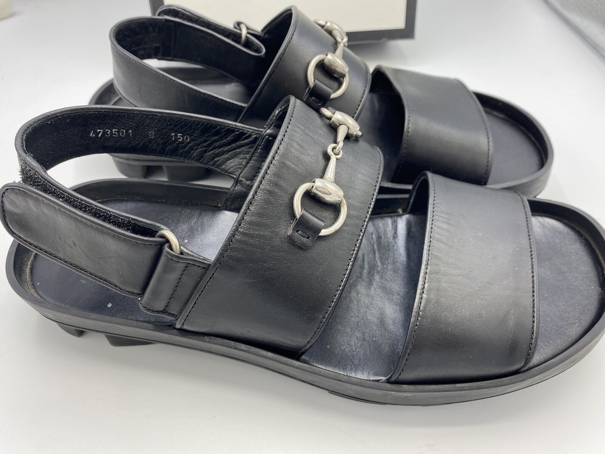 Gucci Sandals Unisex Black Leather Double Strap Horsebit Buckle