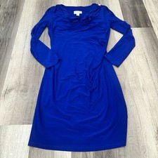 Joseph Ribkoff Dress 10 Blue Gathered Neckline Arm Cutouts Cocktail Midi Holiday