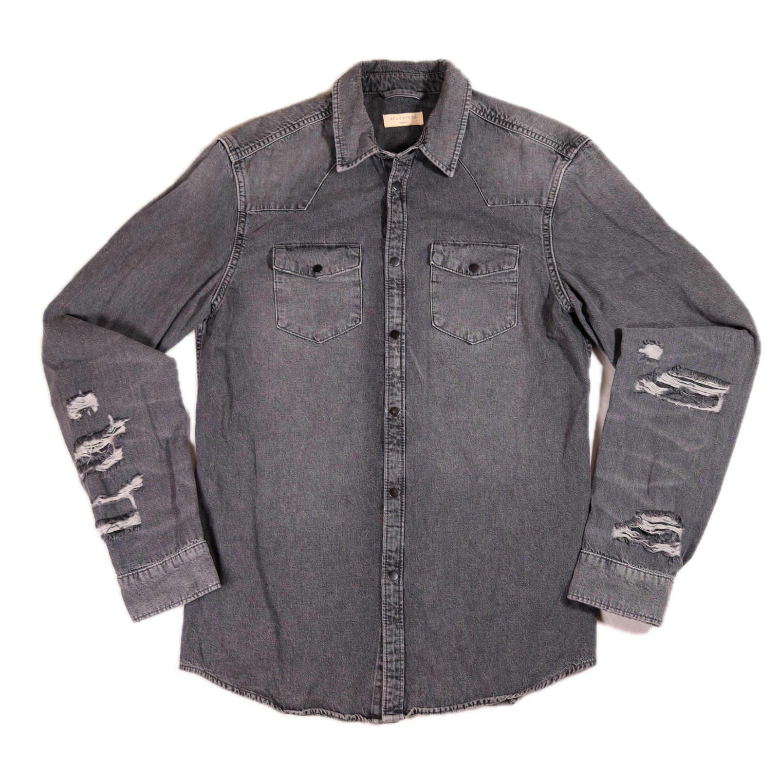 All Saints Denim Overshirt Jacket Men's Small 'Beegan' Distressed Black Snap