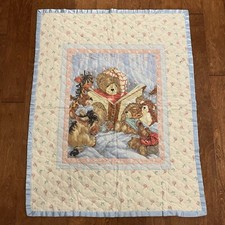 Vintage 90s Teddy Bear Animal Friends Reading A Book Baby Quilt Crib Blanket