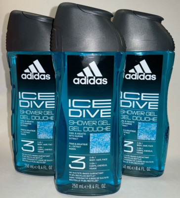 3 Adidas Ice Dive Shower Gel 3-in-1 Body Hair Face Wash Cool & Aquatic 8.4 fl oz