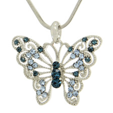 Butterfly Necklace Made With Swarovski Crystal Blue Wings Pendant 18" Chain
