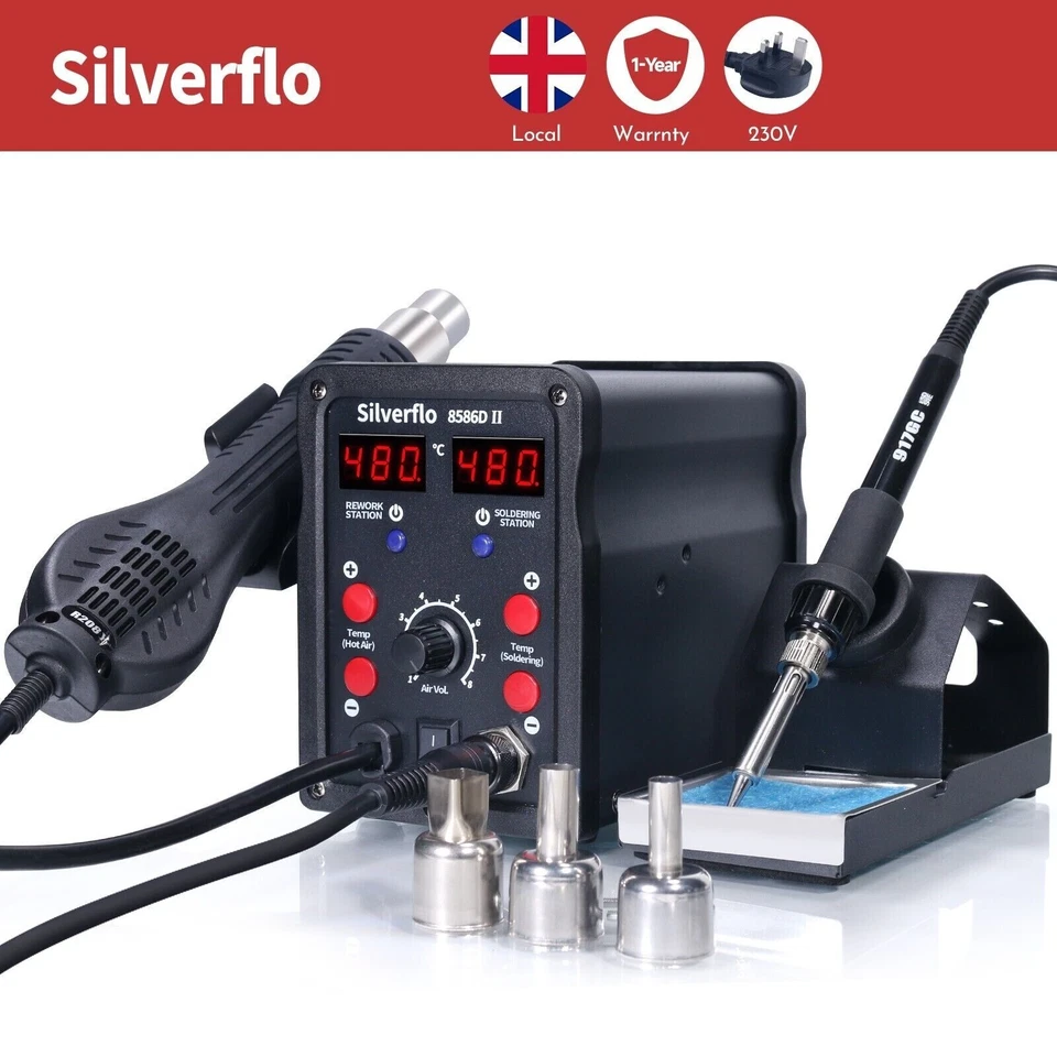 SILVERFLO 750W 2in1 Welding Hot Air Gun Iron Rework Digital Soldering Station Welder Set