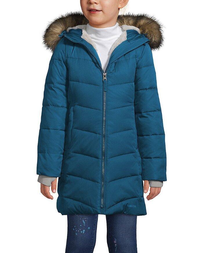 LANDS' END Little Girls 45 Fleece Lined ThermoPlume Hooded Coat NWT
