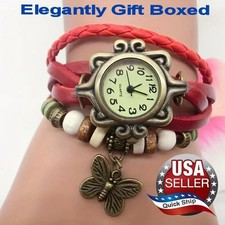 Women's Butterfly Charm Quartz Bracelet Watch   Beads   Red Braided   Classic