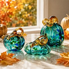 3Pcs Green Blown Glass Pumpkins Figurines for Fall Thanksgiving Halloween