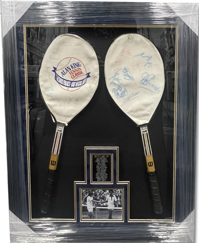 Cubierta de raqueta de tenis autografiada firmada por la alineación 1977 Cosby Connors Ashe JSA LOA