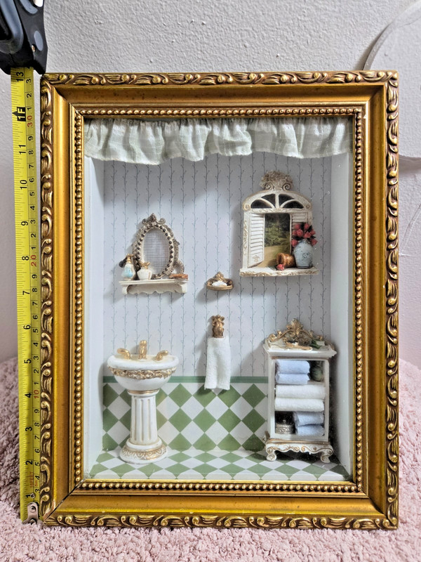 Vintage Victorian Bathroom Diorama w/ Ornate Gold Frame Antique Shadow Box Doll