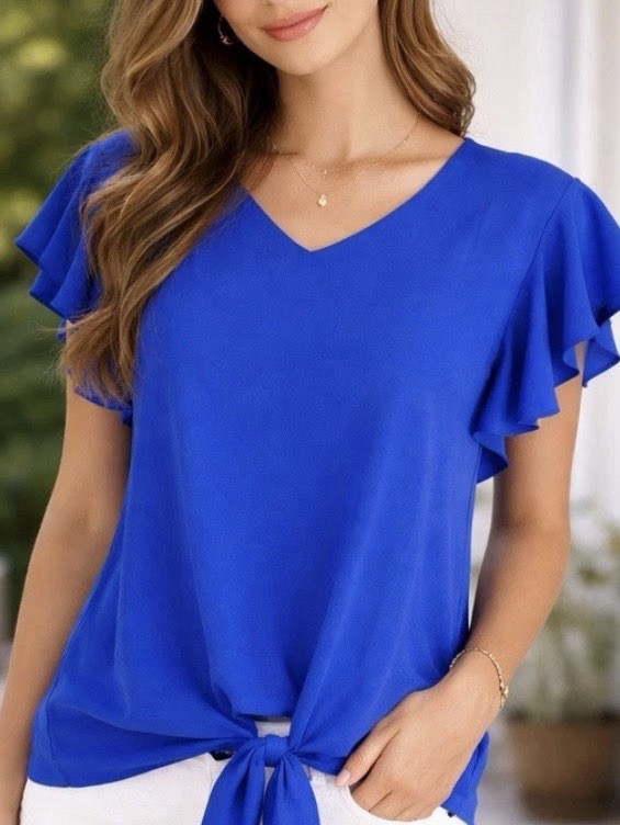 VIMPUNEC Casual Tie Front, V Neck Chiffon Ruffle Sleeve Top Royal Blue NWT sz L