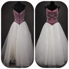 VTG 90s Bridal Originals Beaded Bridal Gown Burgundy Satin White Tulle Dress W5