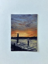 Aceo Original Art Card Oil Painting Winter Sunset Ice Fishing Snow Lake Mikah