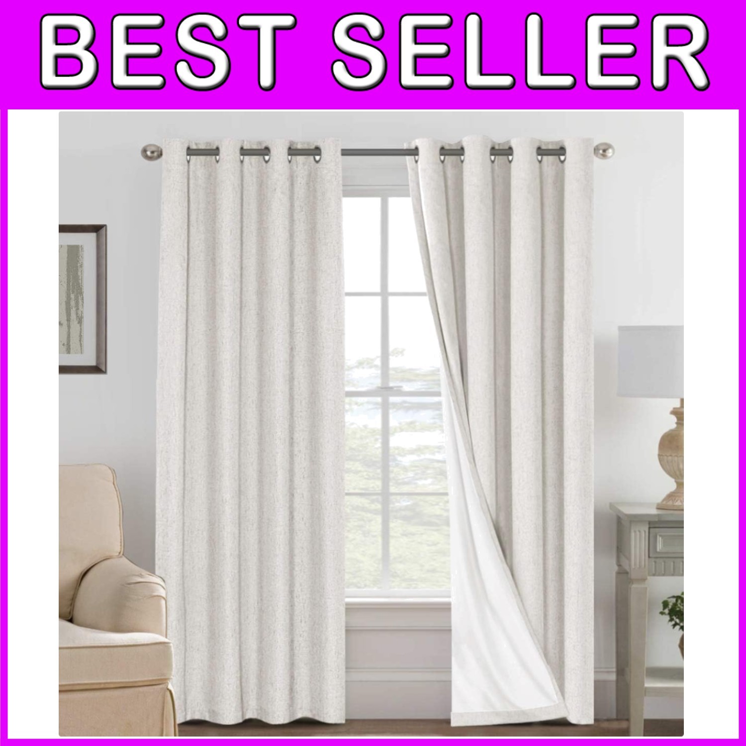 Thermal Insulated Ivory Curtains for Bedroom, 2 Pack