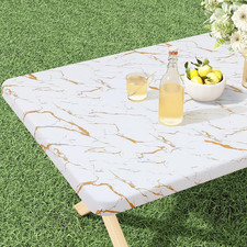 Rectangle Vinyl Flannel Backed Tablecloth, Elastic Waterproof Fitted Table Cover