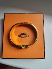 Hermès Enamelled Hinged Bangle Bracelet Gold/Blue H Motif France ST0158