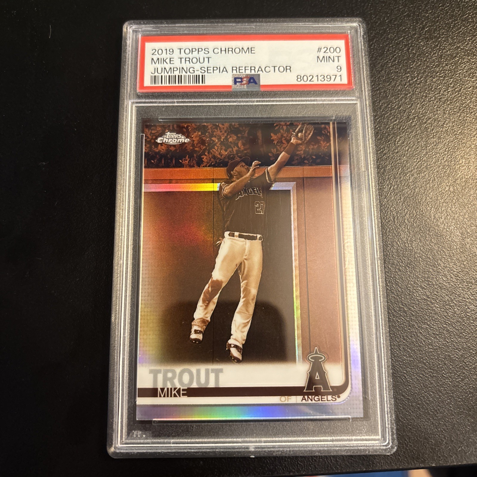 2019 Topps Chrome Mike Trout #200 Jumping Sepia Refractor PSA 9 GRADED