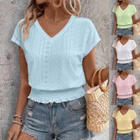 Women's Summer Elasticated Short Sleeve Tee Shirts Loose V-neck Tops Blouse Size