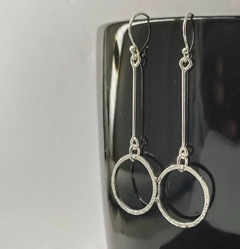 Hammered Long Circle Silver Earrings 925 Sterling Linked Bar Dangle Earrings