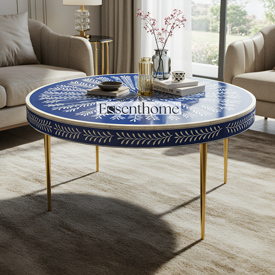 Handmade Essenthome Blue Bone Inlay Floral Round Coffee Table