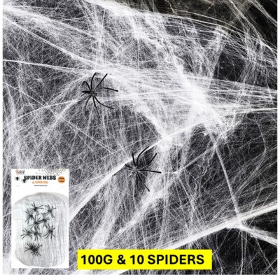 SUPER DEHNBARE 100G WEISSE SPINNENNETZE HALLOWEEN DEKO 6 SPINNEN SPUK