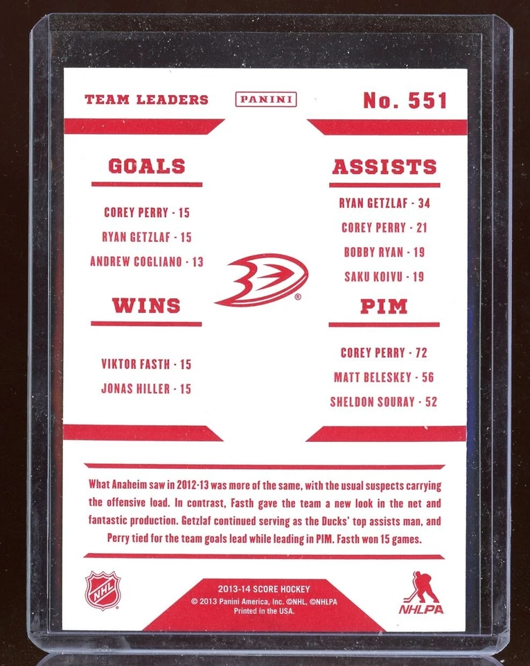 2013-14 Score Red Back #551 Ryan Getzlaf TL/Corey Perry/Corey Perry/Viktor Fasth - Image 2 of 2