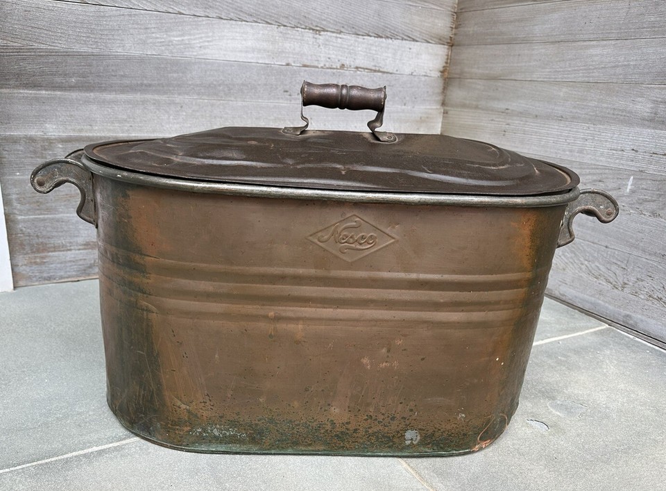 Antique Nesco Large Copper Boiler Wash Tub Tin Lid Wood Handles ...