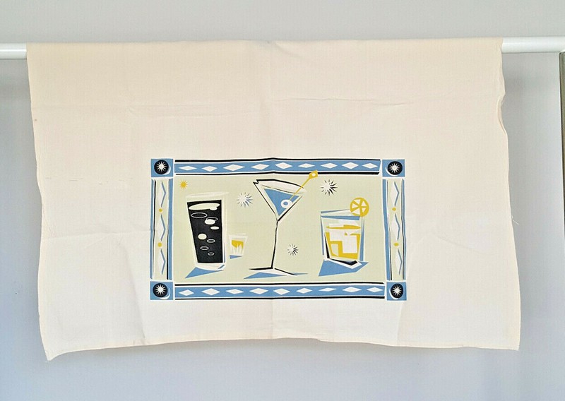Vintage COCKTAIL DISHTOWEL 28" x 26" White Cotton MID CENTURY MODERN Bar Linen