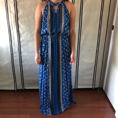 Elle Blue Medallion Border Print High Neck Keyhole Halter Maxi Dress M | eBay Elle Blue Medallion Border Print High Neck Keyhole Halter Maxi Dress M | eBay